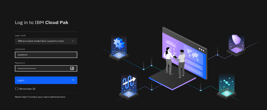 IBM Cloud Pak for Data log in screen