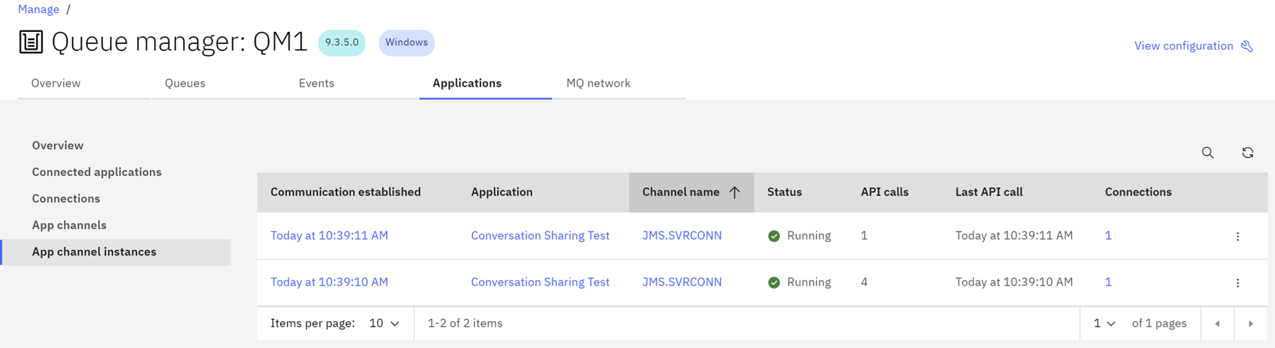 Screen shot of MQ Console showing the two remaining app channel instances