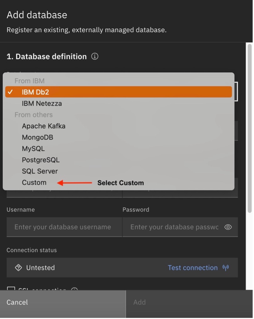 watsonx.data Add Database window