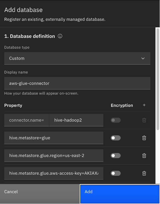 watsonx.data Add Database properties