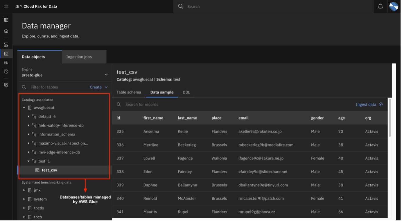 watsonx.data data objects with databases and tables from AWS Glue