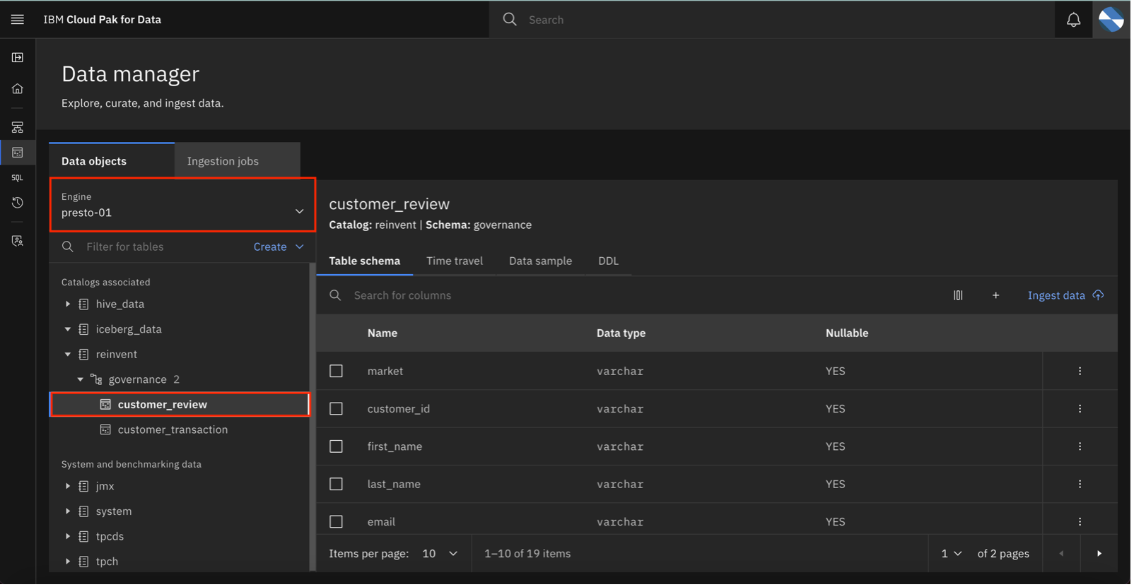 watsonx.data "Data manager" view