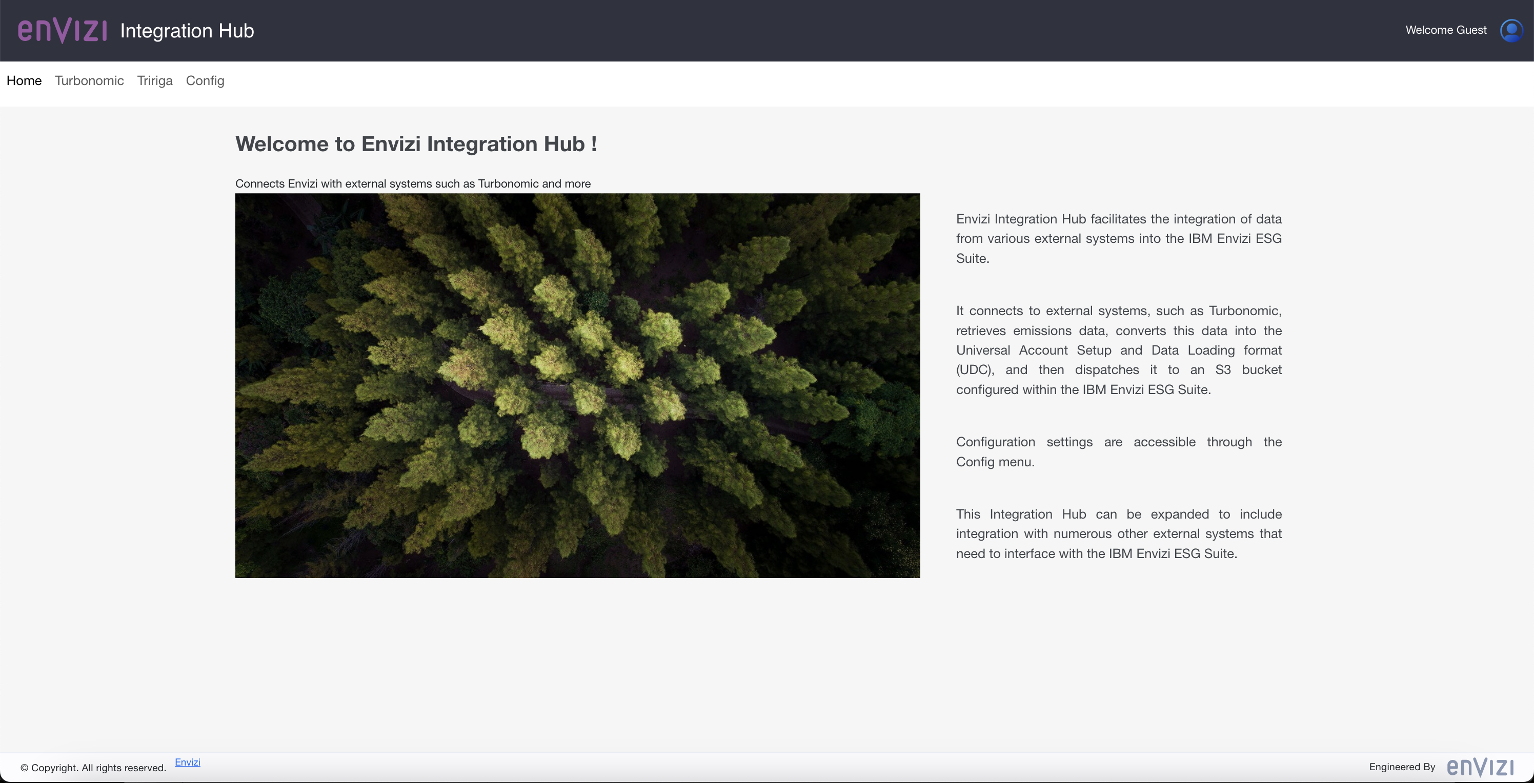 Welcome screen of Envizi Integration Hub