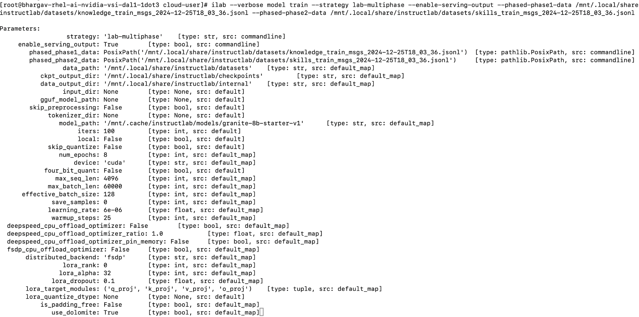 Output from training