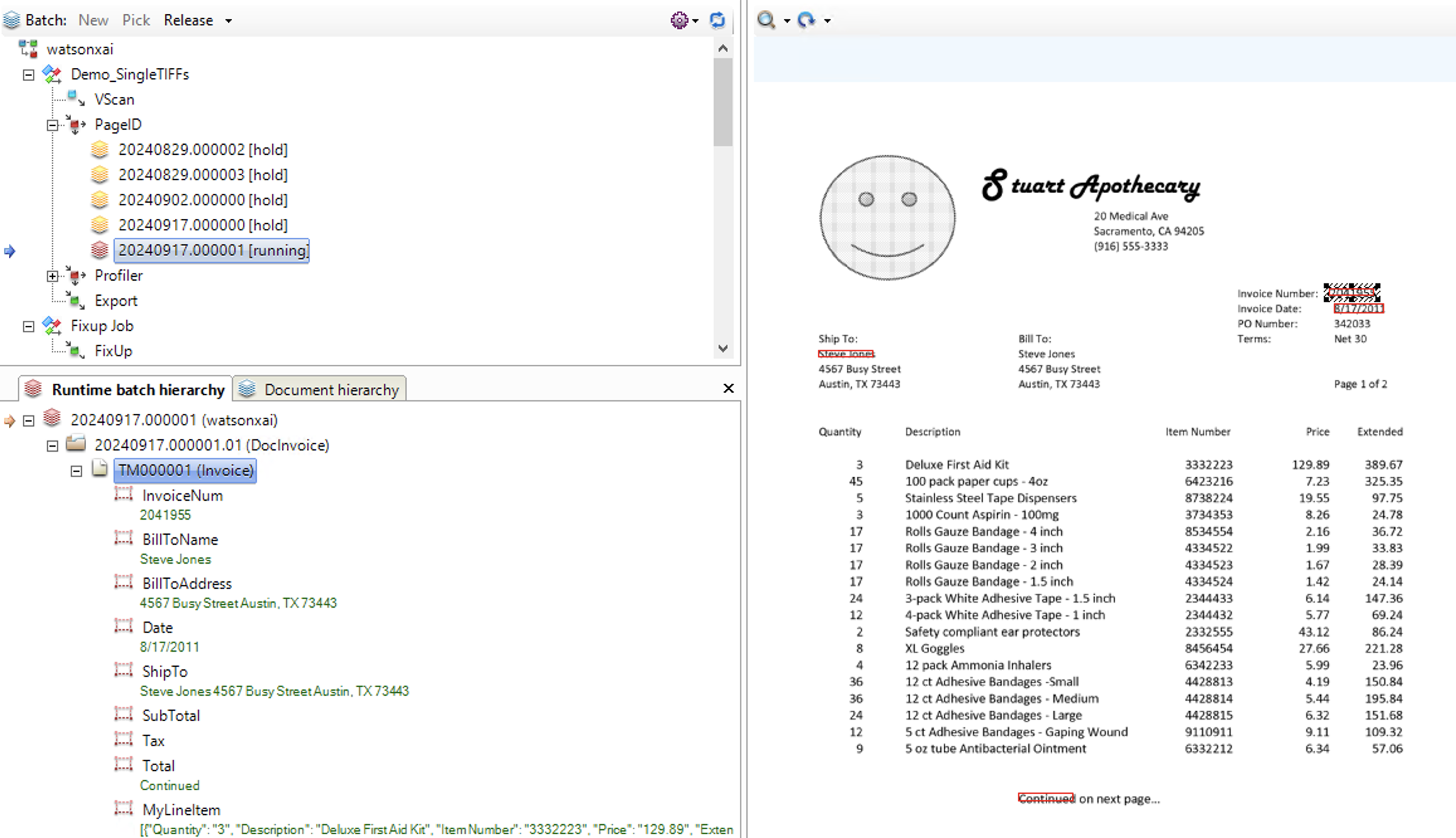 Batch, PageID task, running, categorized as invoice