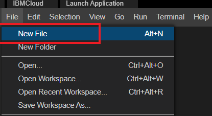 Screenshot highlighting New file in File dropdown menu