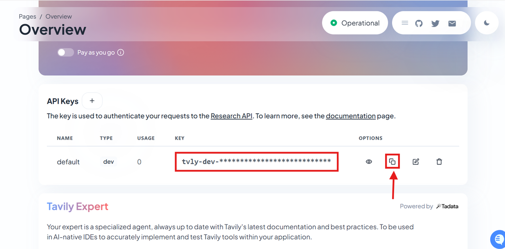 Tavily API Key screenshot