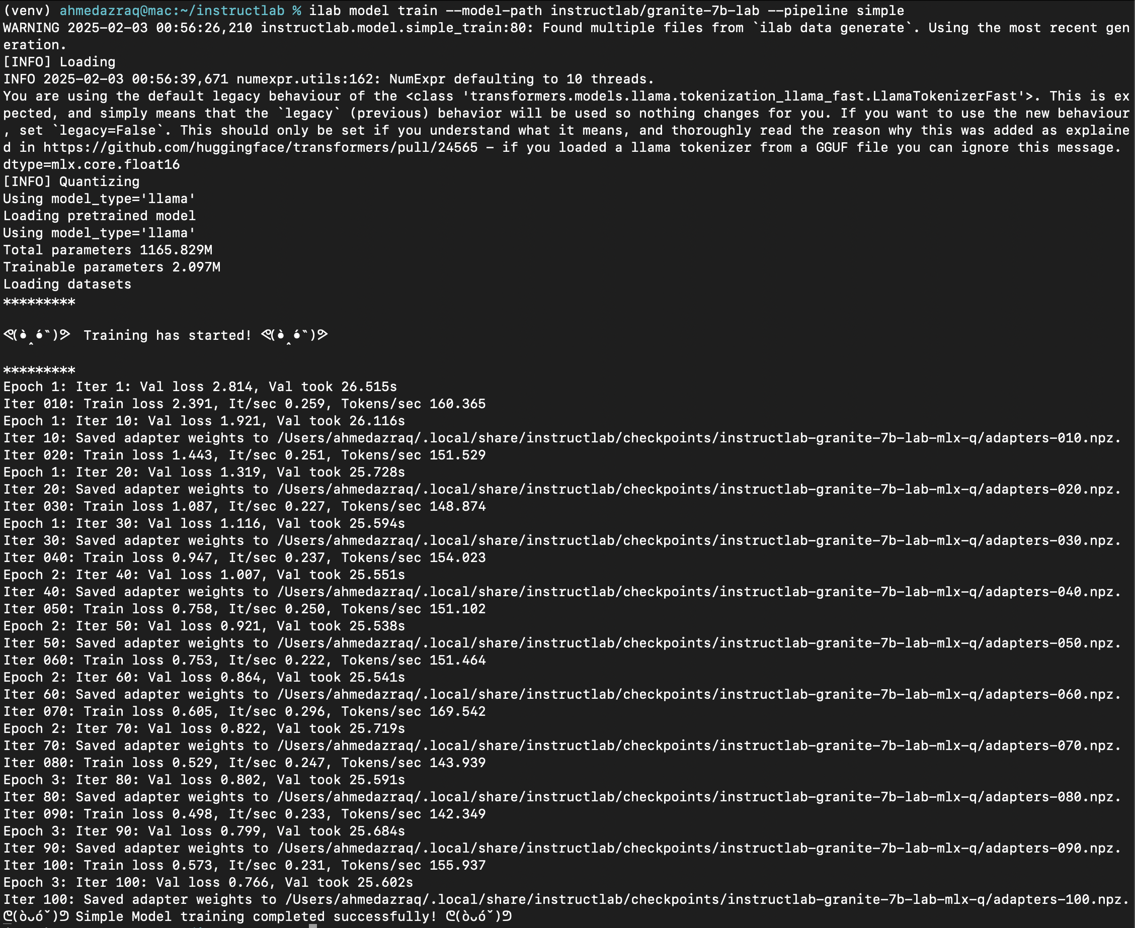 Screen capture of the model training output