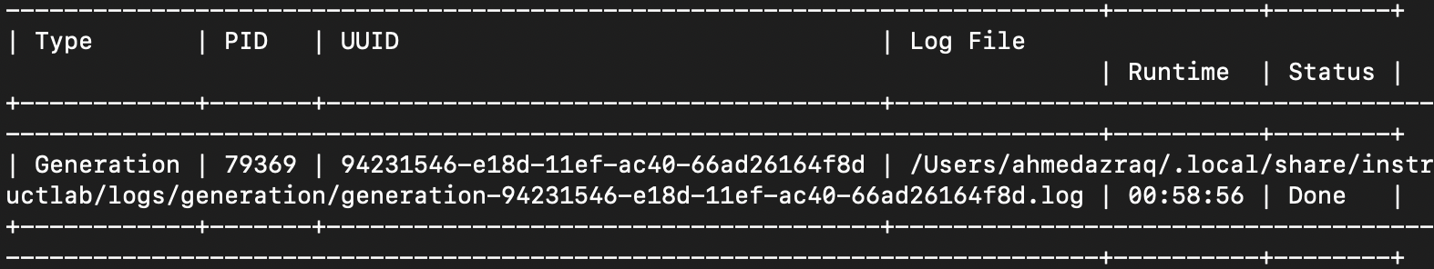 Screen capture of the completed process