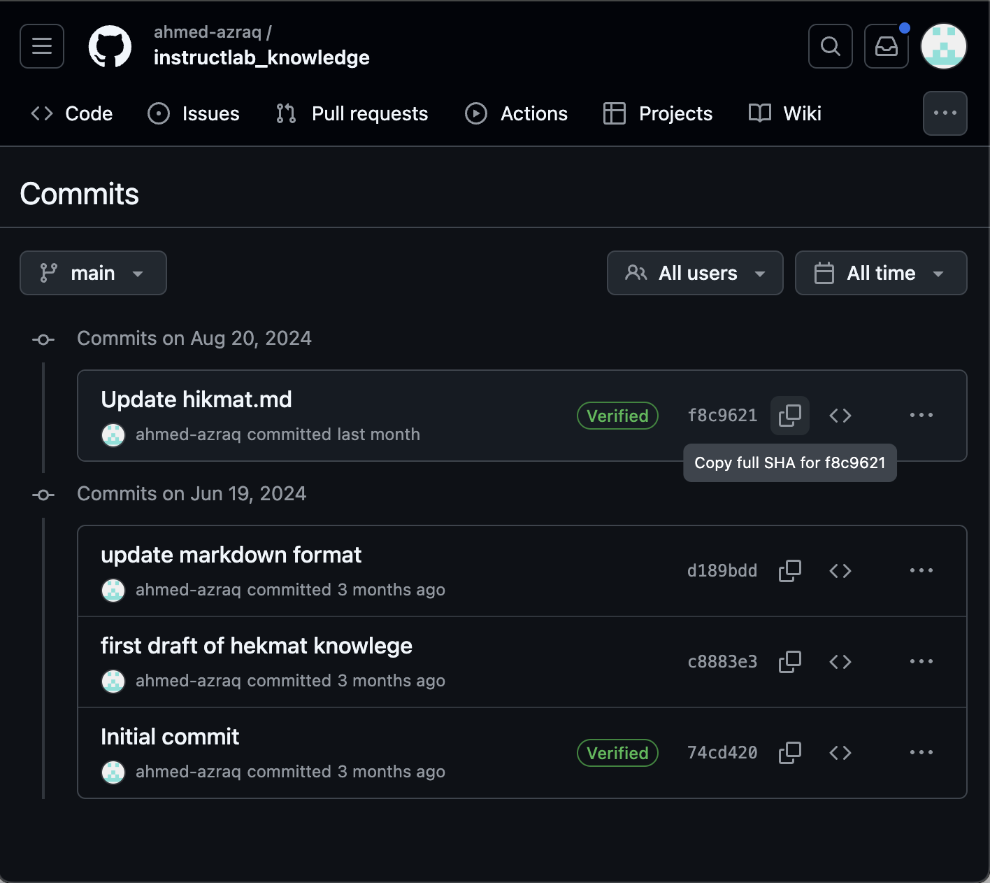 Screen capture of commits for a GitHub repo